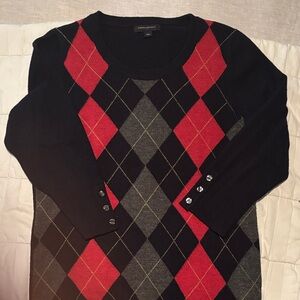 Banana Republic Red and Black Argyle Crewneck Wool  3/4 Sleeves Sweater.